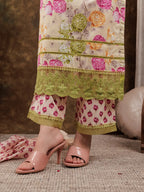 Yufta Yellow Floral Print Pure Cotton Beads Straight Kurta Dupatta Set With Lace Detailing | Grocsy