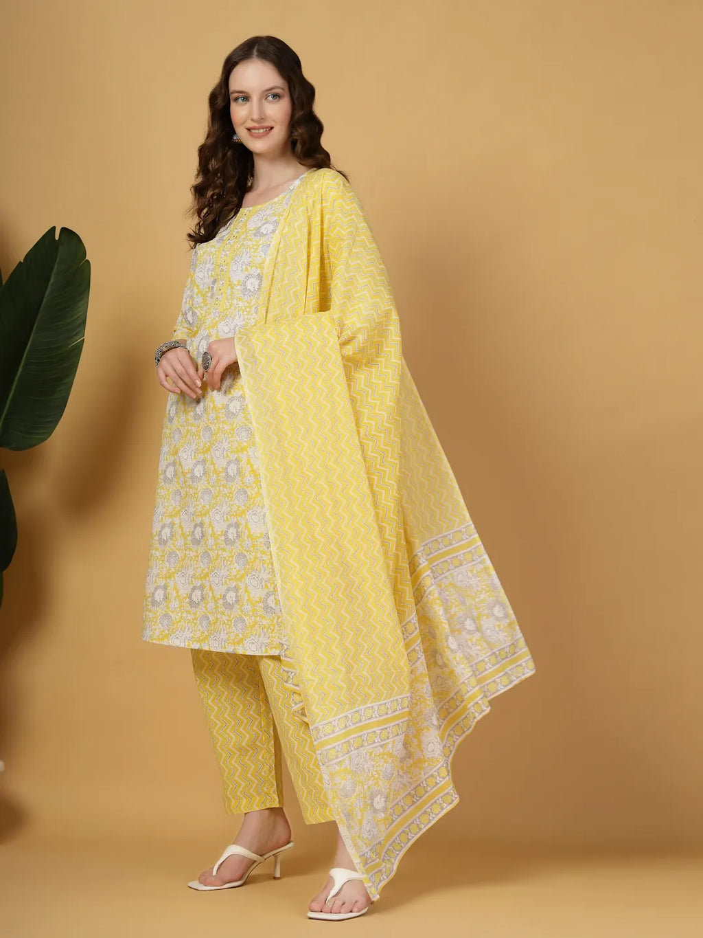 Yufta Yellow Floral Print Straight Kurta Trouser Dupatta Set | Grocsy