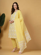 Yufta Yellow Floral Print Straight Kurta Trouser Dupatta Set | Grocsy