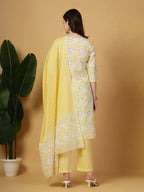 Yufta Yellow Floral Print Straight Kurta Trouser Dupatta Set | Grocsy
