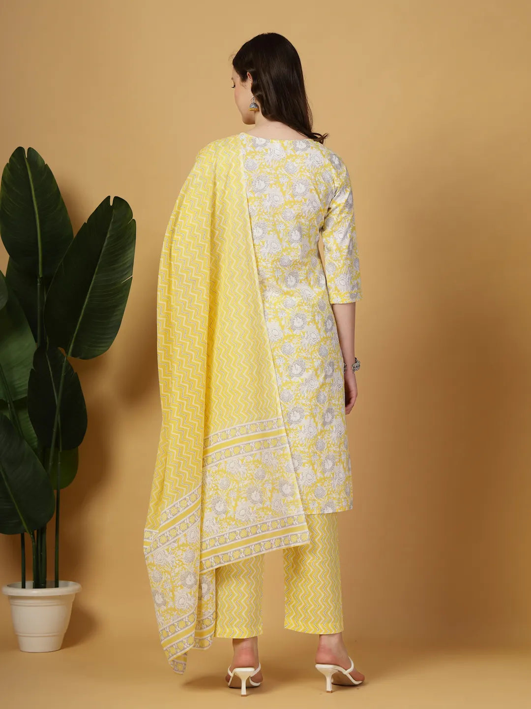 Yufta Yellow Floral Print Straight Kurta Trouser Dupatta Set | Grocsy