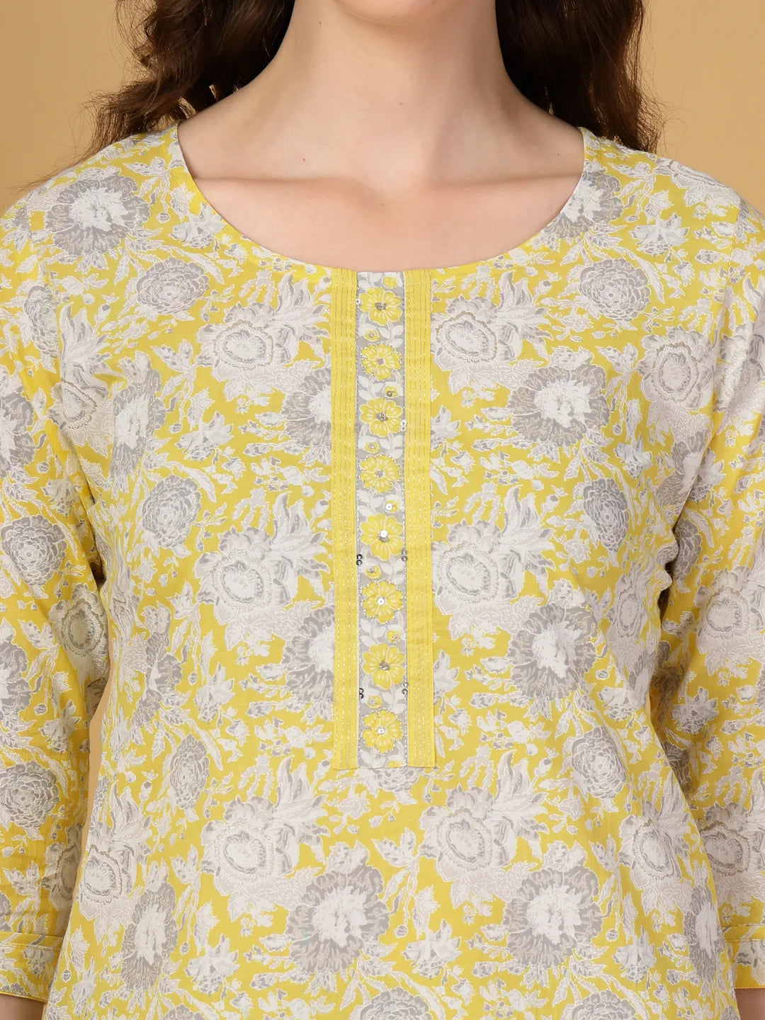 Yufta Yellow Floral Print Straight Kurta Trouser Dupatta Set | Grocsy