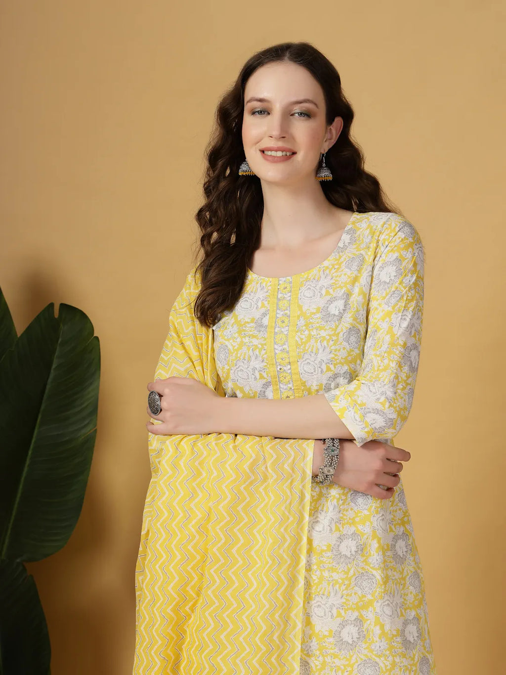 Yufta Yellow Floral Print Straight Kurta Trouser Dupatta Set | Grocsy