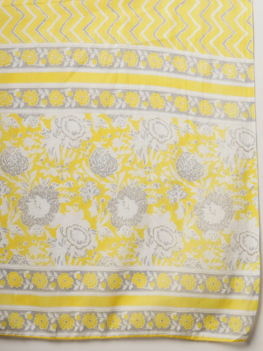 Yufta Yellow Floral Print Straight Kurta Trouser Dupatta Set | Grocsy