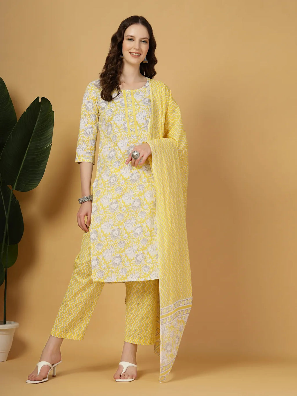Yufta Yellow Floral Print Straight Kurta Trouser Dupatta Set | Grocsy