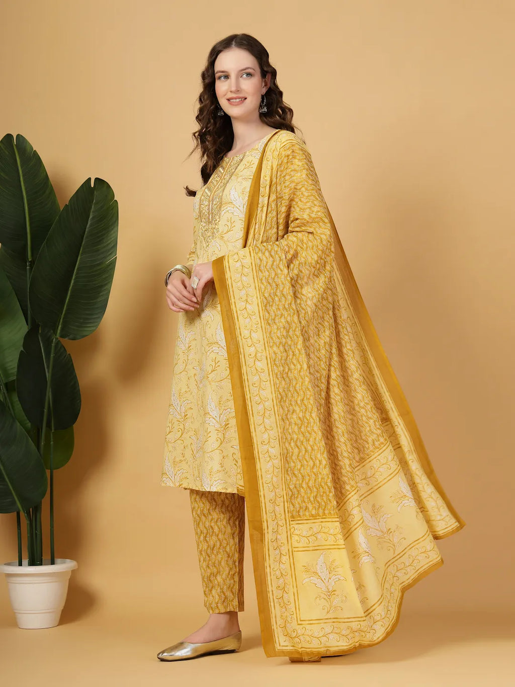 Yufta Yellow Floral Print Thread-Work Straight Kurta Trouser Dupatta Set | Grocsy