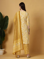 Yufta Yellow Floral Print Thread-Work Straight Kurta Trouser Dupatta Set | Grocsy
