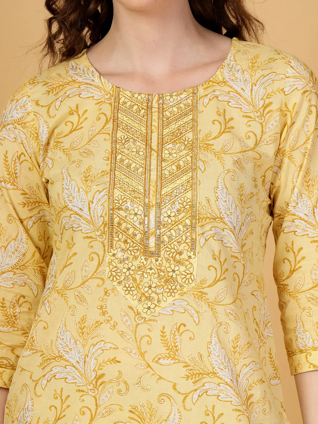 Yufta Yellow Floral Print Thread-Work Straight Kurta Trouser Dupatta Set | Grocsy