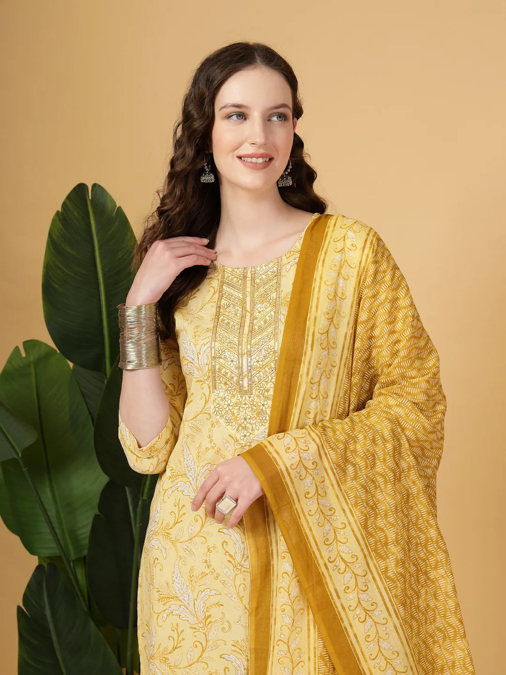 Yufta Yellow Floral Print Thread-Work Straight Kurta Trouser Dupatta Set | Grocsy