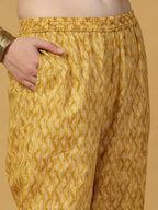 Yufta Yellow Floral Print Thread-Work Straight Kurta Trouser Dupatta Set | Grocsy