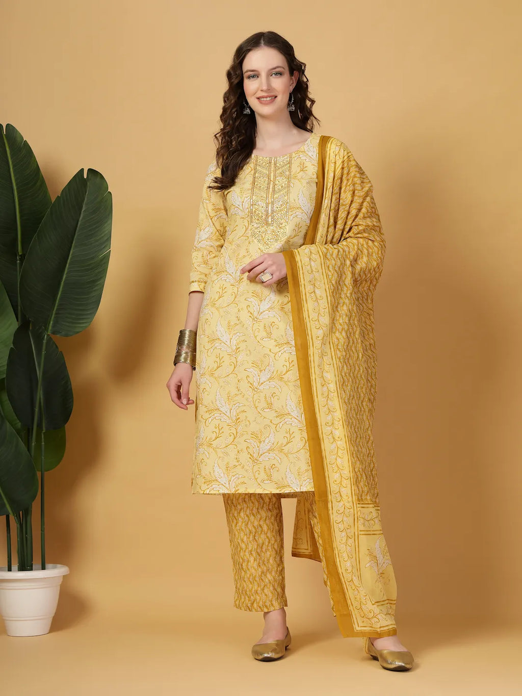 Yufta Yellow Floral Print Thread-Work Straight Kurta Trouser Dupatta Set | Grocsy
