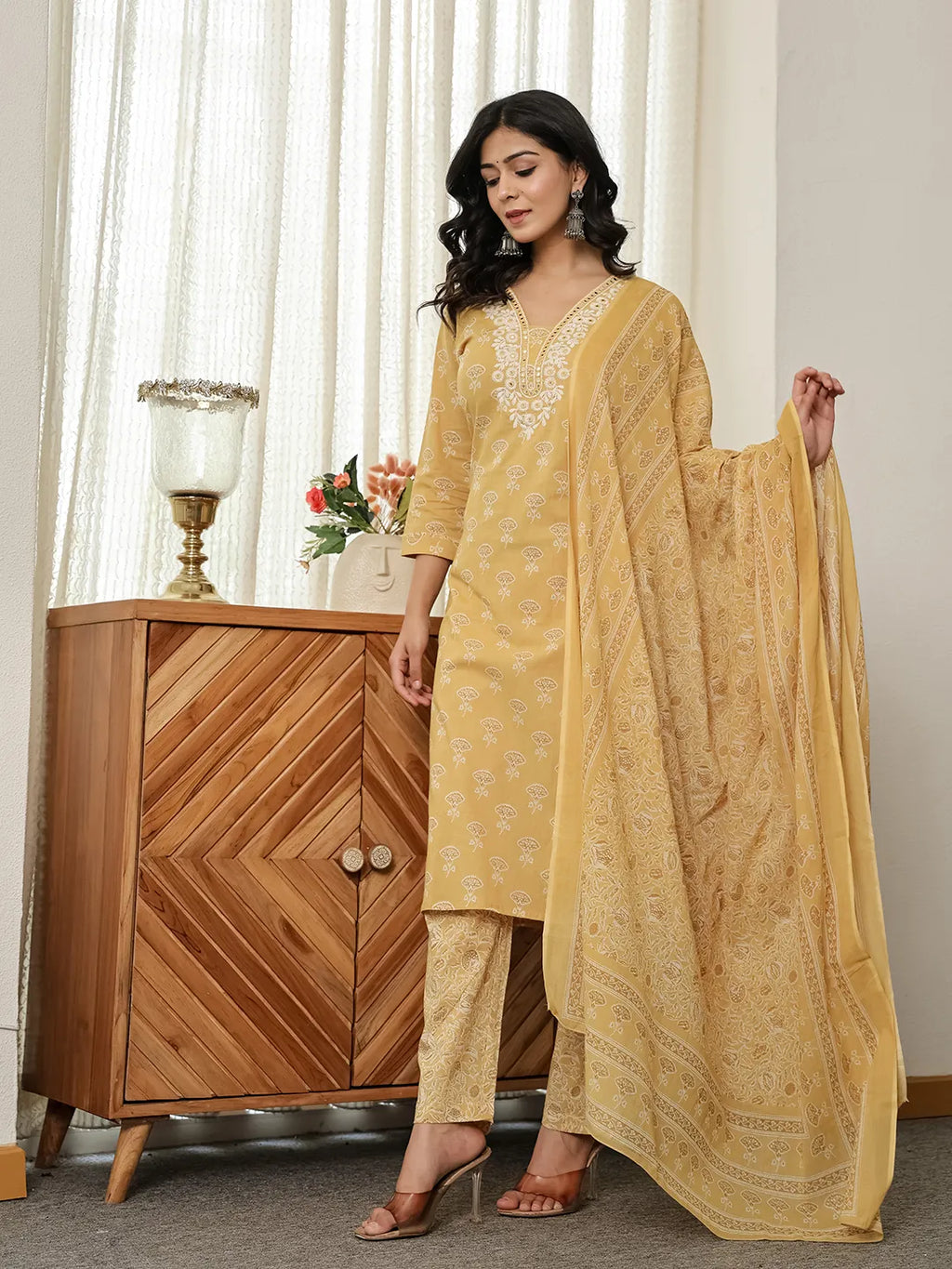 Yufta Yellow Floral Thread Work Straight Kurta Trouser Dupatta Set | Grocsy
