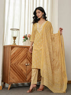 Yufta Yellow Floral Thread Work Straight Kurta Trouser Dupatta Set | Grocsy