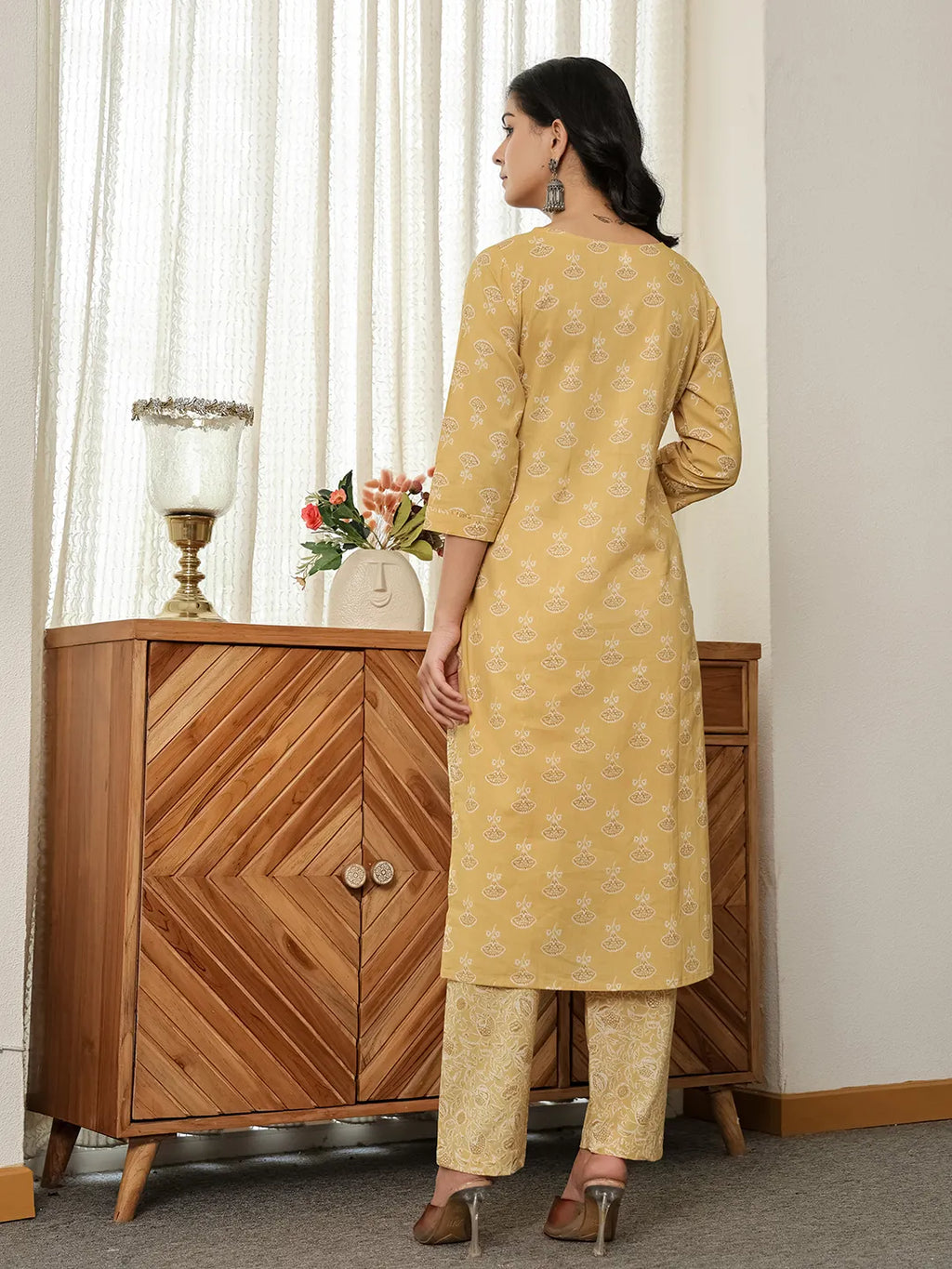 Yufta Yellow Floral Thread Work Straight Kurta Trouser Dupatta Set | Grocsy