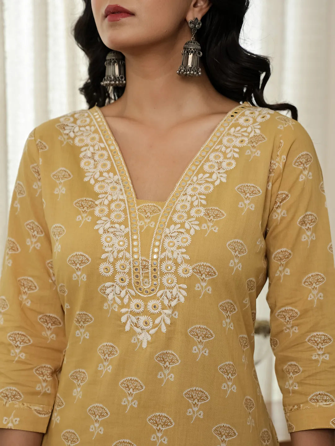 Yufta Yellow Floral Thread Work Straight Kurta Trouser Dupatta Set | Grocsy