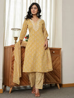 Yufta Yellow Floral Thread Work Straight Kurta Trouser Dupatta Set | Grocsy