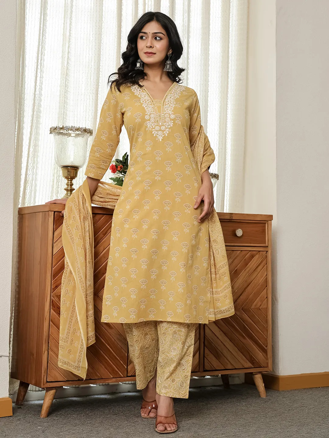 Yufta Yellow Floral Thread Work Straight Kurta Trouser Dupatta Set | Grocsy
