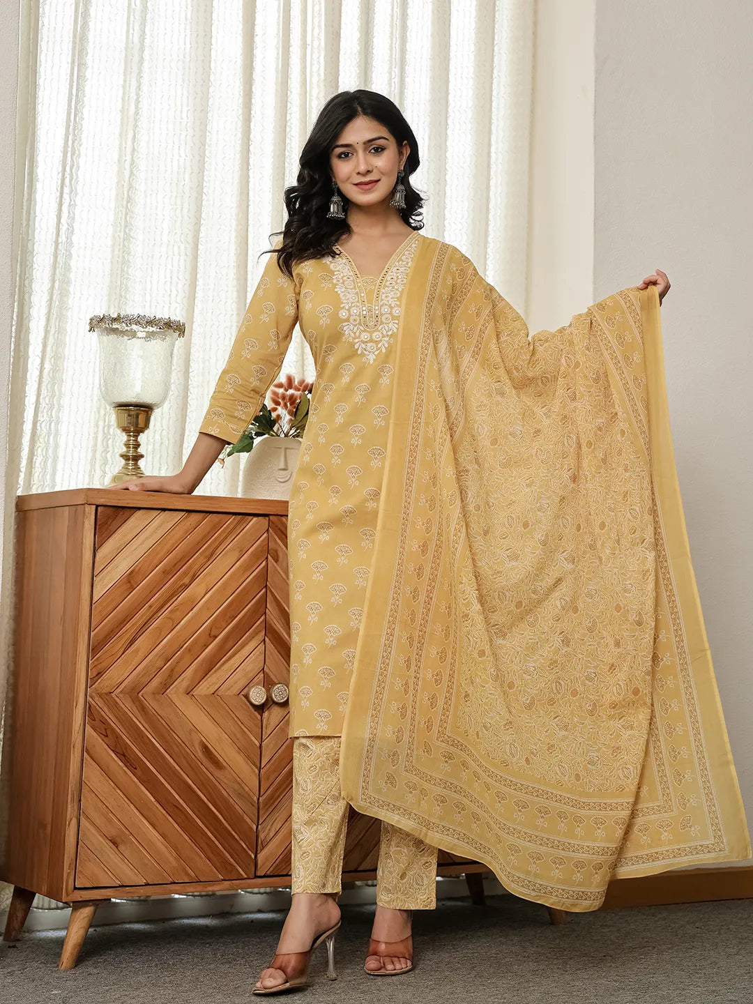 Yufta Yellow Floral Thread Work Straight Kurta Trouser Dupatta Set | Grocsy