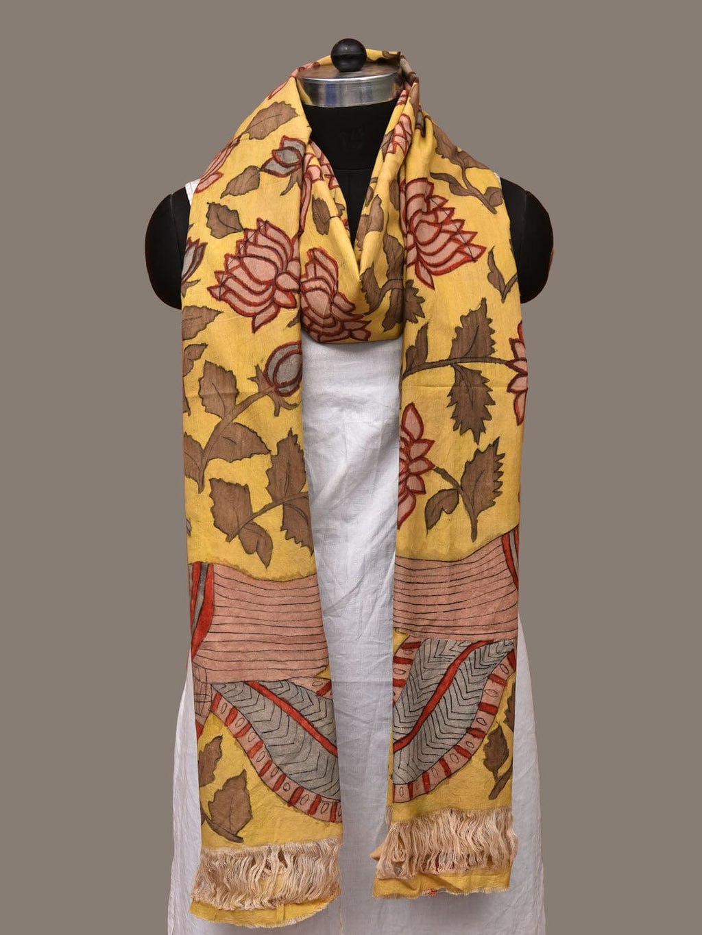 Yellow Kalamkari Hand Painted Cotton Handloom Dupatta with Lotus Flowers Design - Global Threads | Grocsy