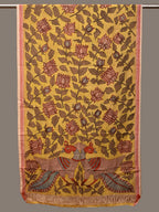 Yellow Kalamkari Hand Painted Cotton Handloom Dupatta with Lotus Flowers Design - Global Threads | Grocsy