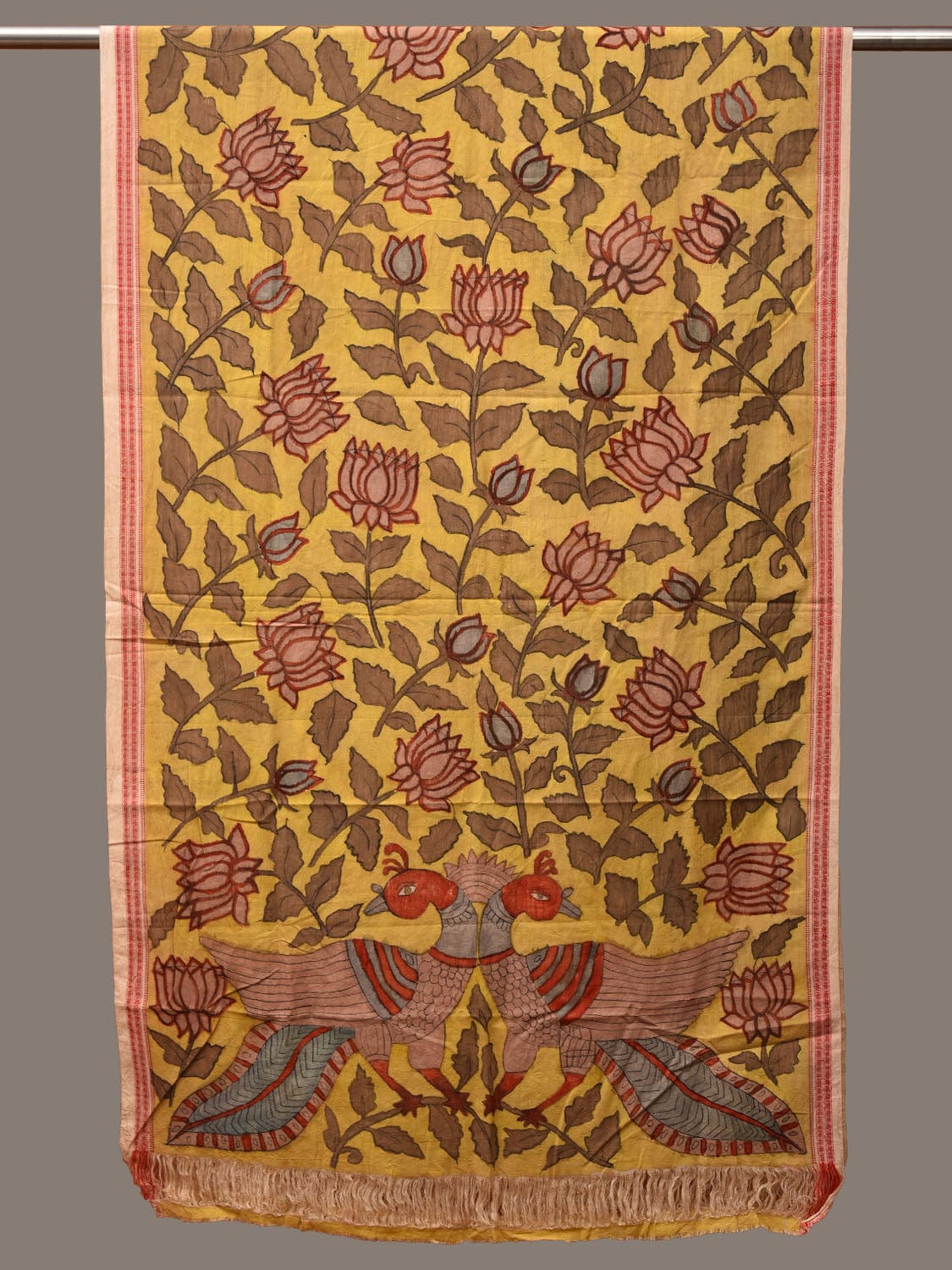 Yellow Kalamkari Hand Painted Cotton Handloom Dupatta with Lotus Flowers Design - Global Threads | Grocsy