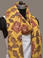 Yellow Kalamkari Hand Painted Cotton Handloom Dupatta with Lotus Flowers Design - Global Threads | Grocsy