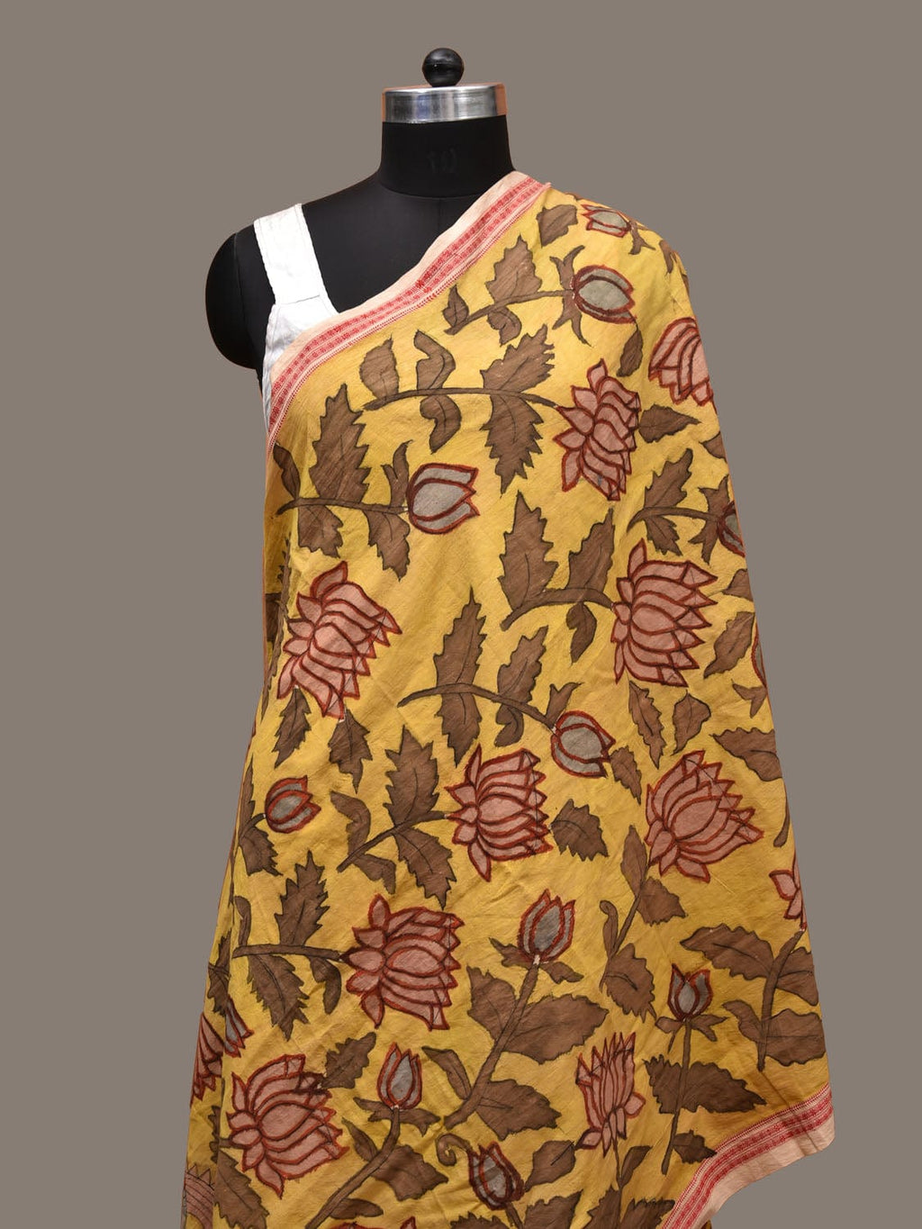 Yellow Kalamkari Hand Painted Cotton Handloom Dupatta with Lotus Flowers Design - Global Threads | Grocsy