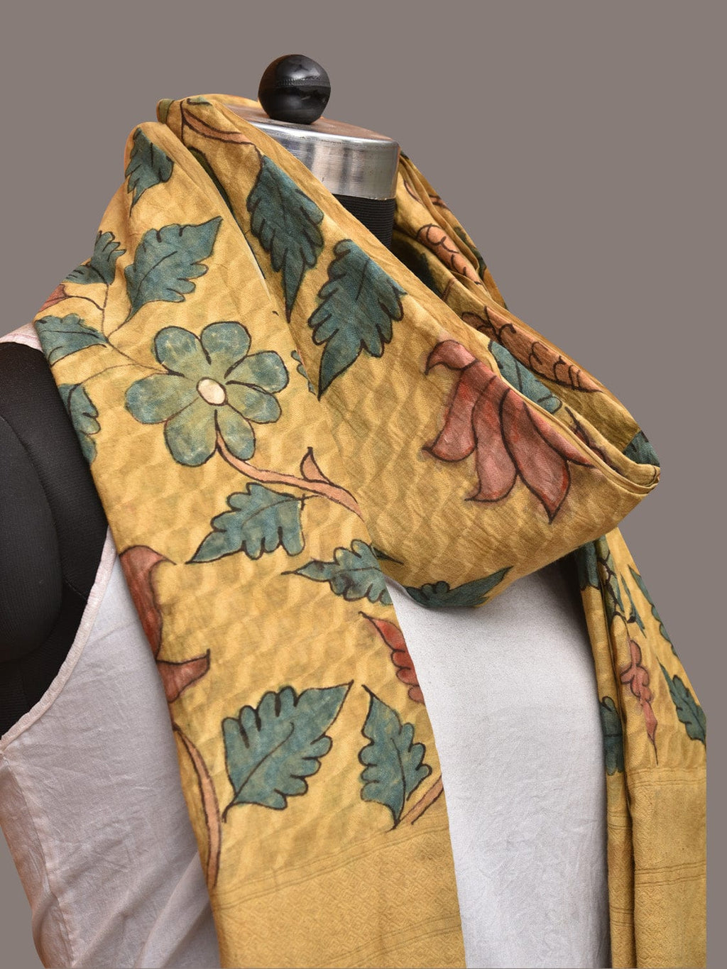 Yellow Kalamkari Hand Painted Cotton Silk Handloom Dupatta with Lotus and Birds Design - Global Threads | Grocsy