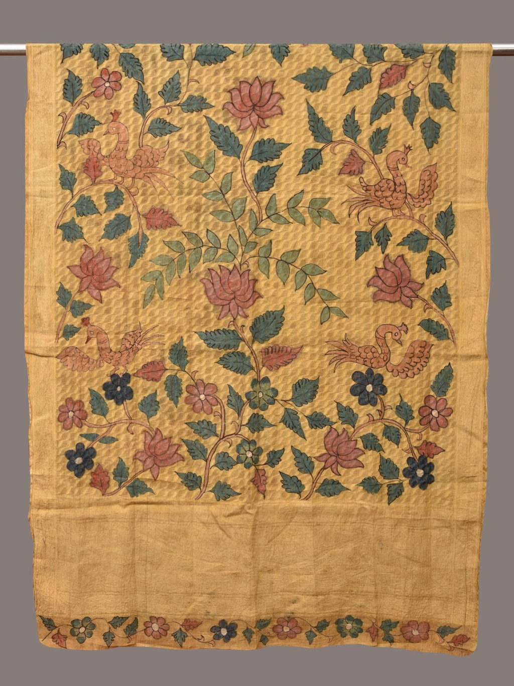 Yellow Kalamkari Hand Painted Cotton Silk Handloom Dupatta with Lotus and Birds Design - Global Threads | Grocsy