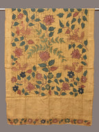 Yellow Kalamkari Hand Painted Cotton Silk Handloom Dupatta with Lotus and Birds Design - Global Threads | Grocsy