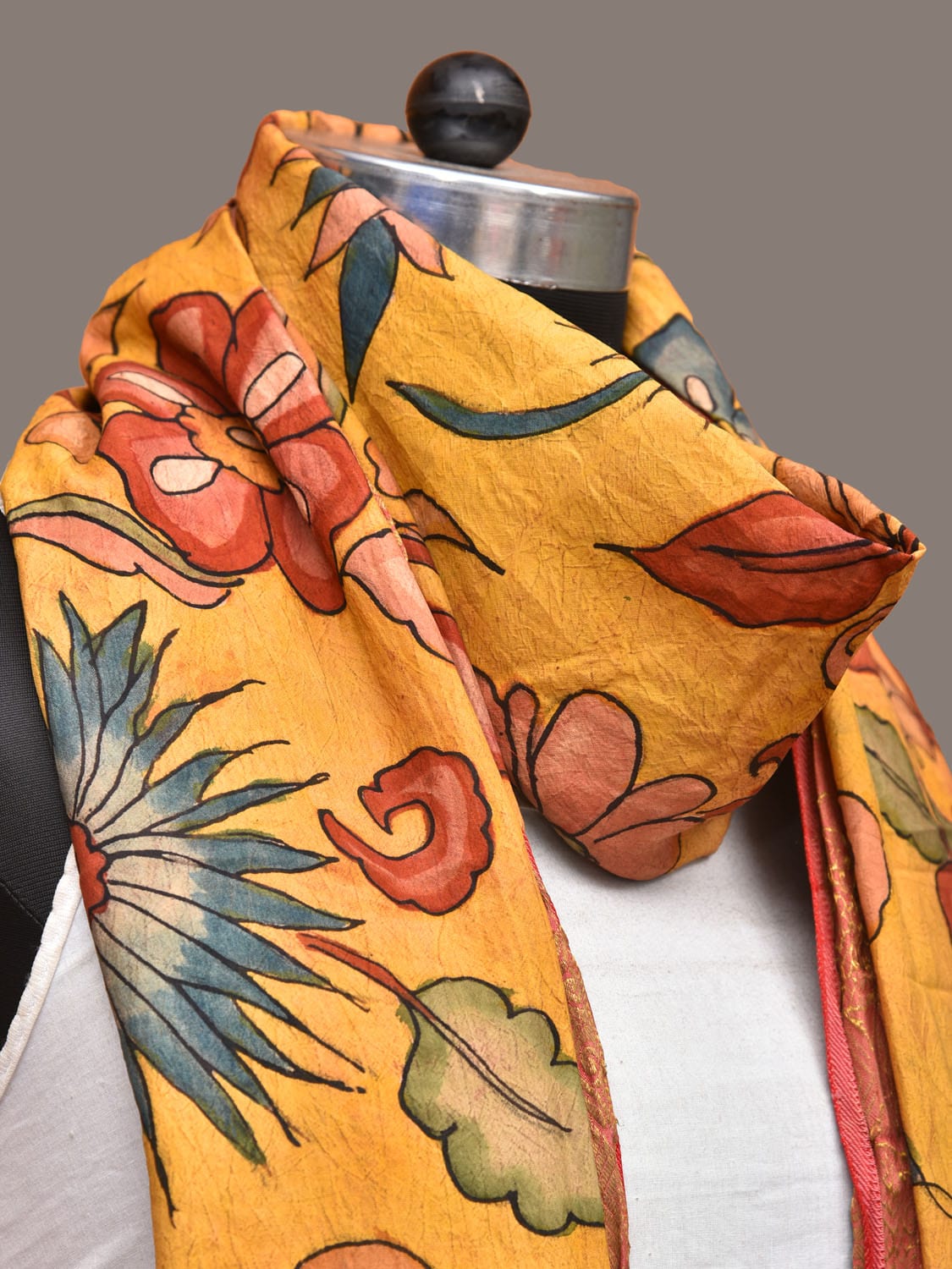 Yellow Kalamkari Hand Painted Kanchipuram Silk Handloom Dupatta with Floral Design - Global Threads | Grocsy