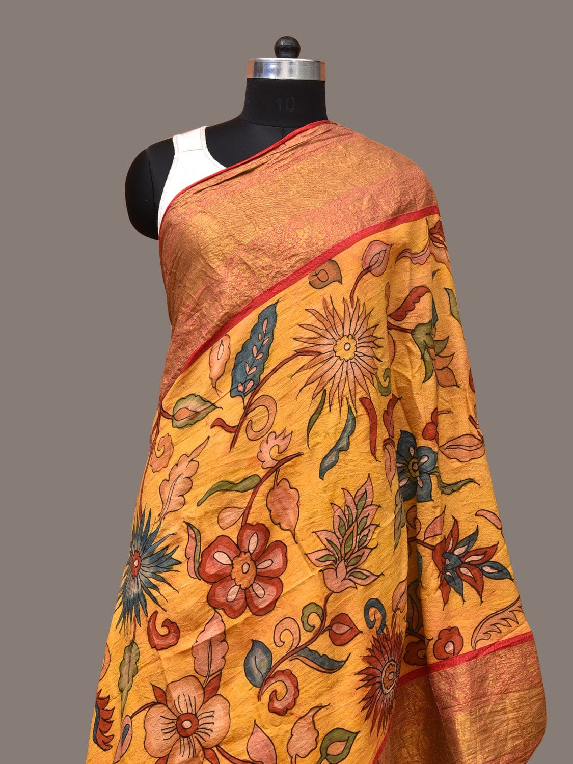 Yellow Kalamkari Hand Painted Kanchipuram Silk Handloom Dupatta with Floral Design - Global Threads | Grocsy