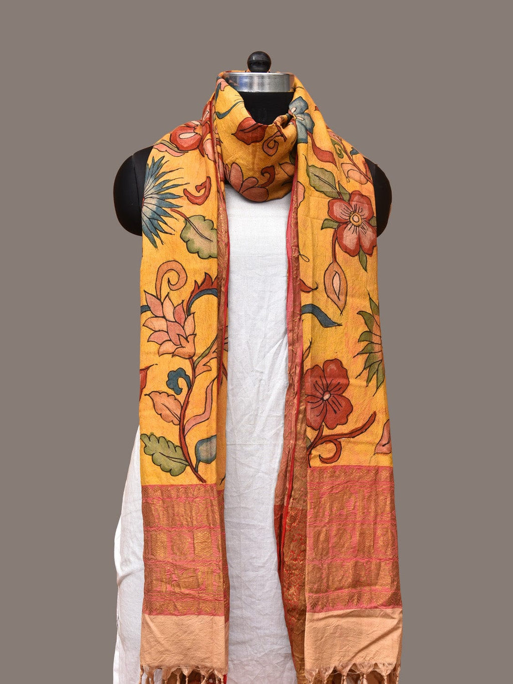 Yellow Kalamkari Hand Painted Kanchipuram Silk Handloom Dupatta with Floral Design - Global Threads | Grocsy