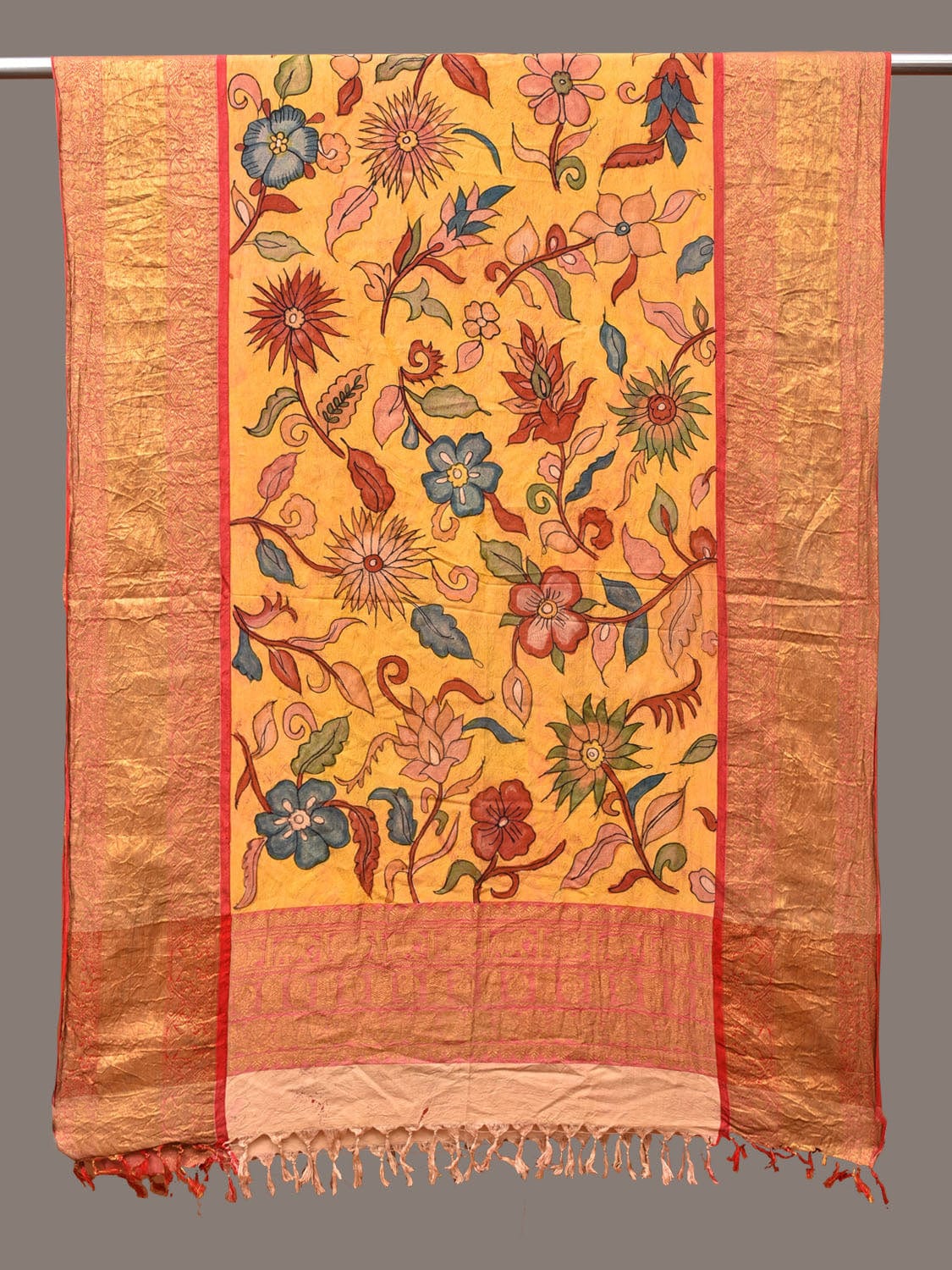 Yellow Kalamkari Hand Painted Kanchipuram Silk Handloom Dupatta with Floral Design - Global Threads | Grocsy