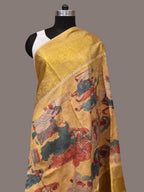 Yellow Kalamkari Hand Painted Kanchipuram Silk Handloom Dupatta with Painting Design - Global Threads | Grocsy