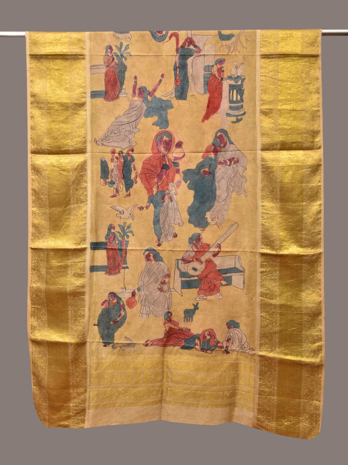 Yellow Kalamkari Hand Painted Kanchipuram Silk Handloom Dupatta with Painting Design - Global Threads | Grocsy