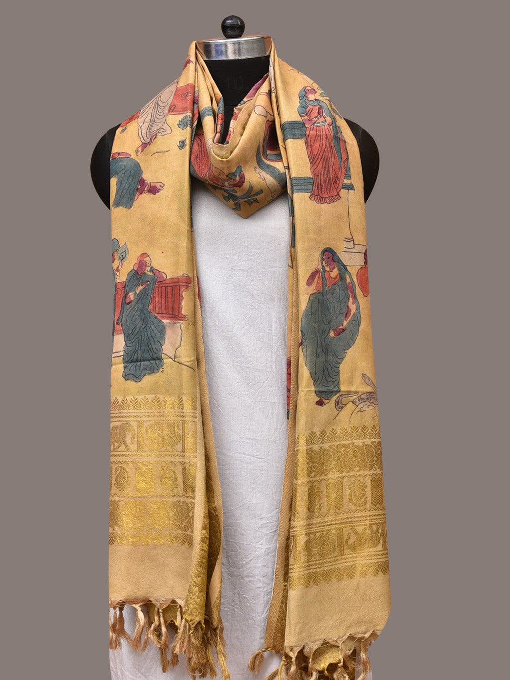 Yellow Kalamkari Hand Painted Kanchipuram Silk Handloom Dupatta with Painting Design - Global Threads | Grocsy