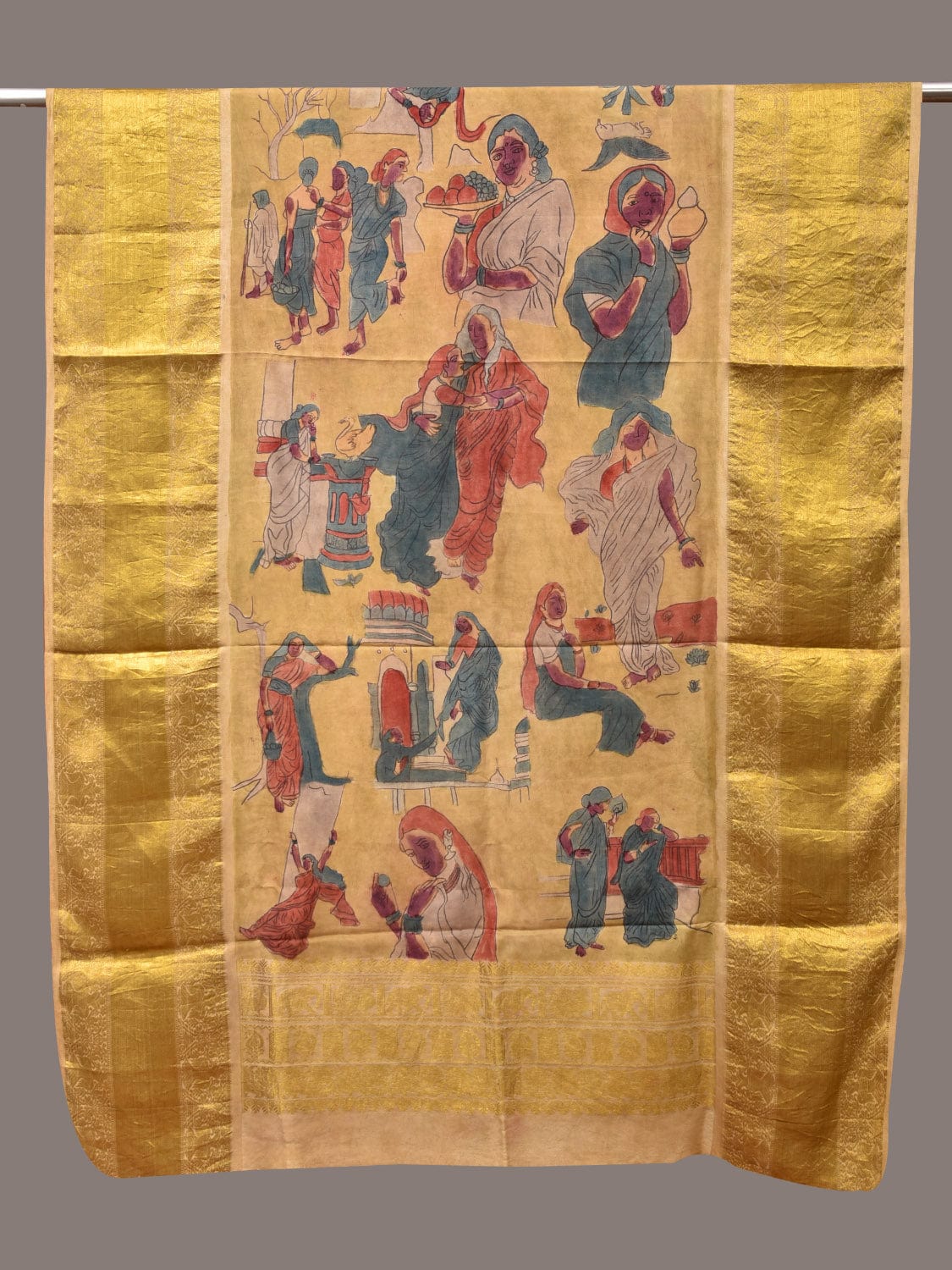 Yellow Kalamkari Hand Painted Kanchipuram Silk Handloom Dupatta with Painting Design - Global Threads | Grocsy