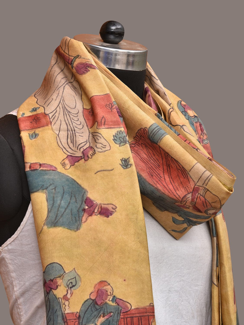 Yellow Kalamkari Hand Painted Kanchipuram Silk Handloom Dupatta with Painting Design - Global Threads | Grocsy