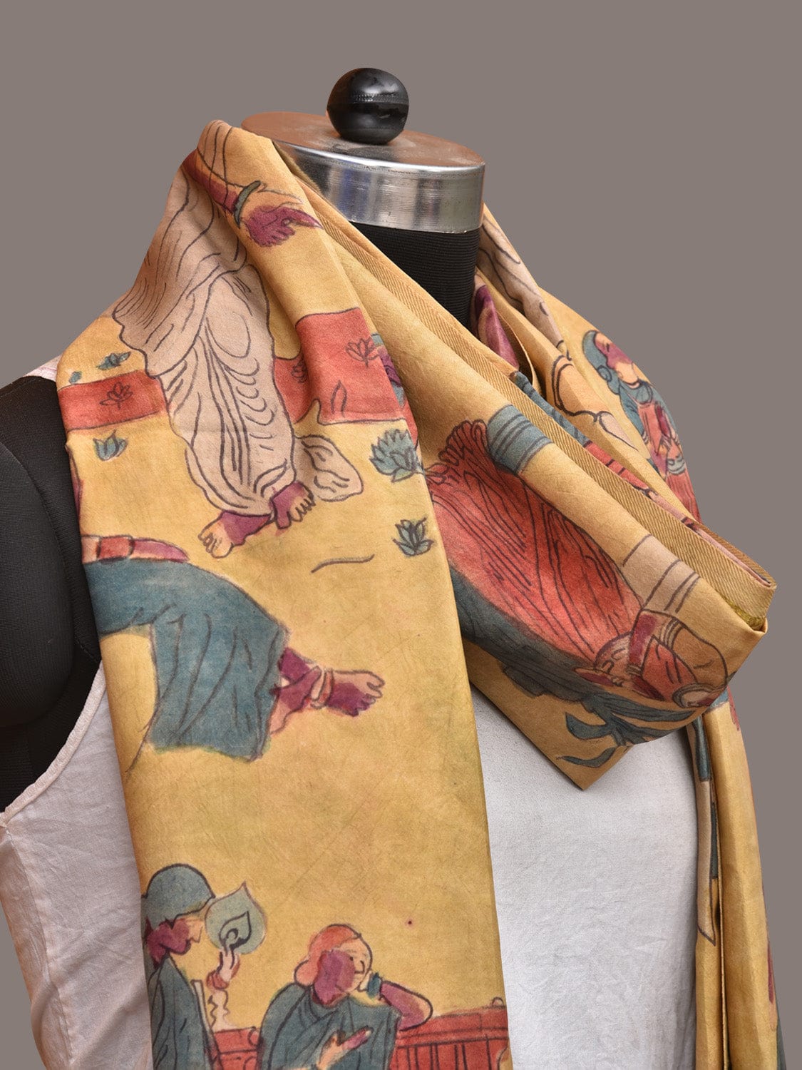 Yellow Kalamkari Hand Painted Kanchipuram Silk Handloom Dupatta with Painting Design - Global Threads | Grocsy