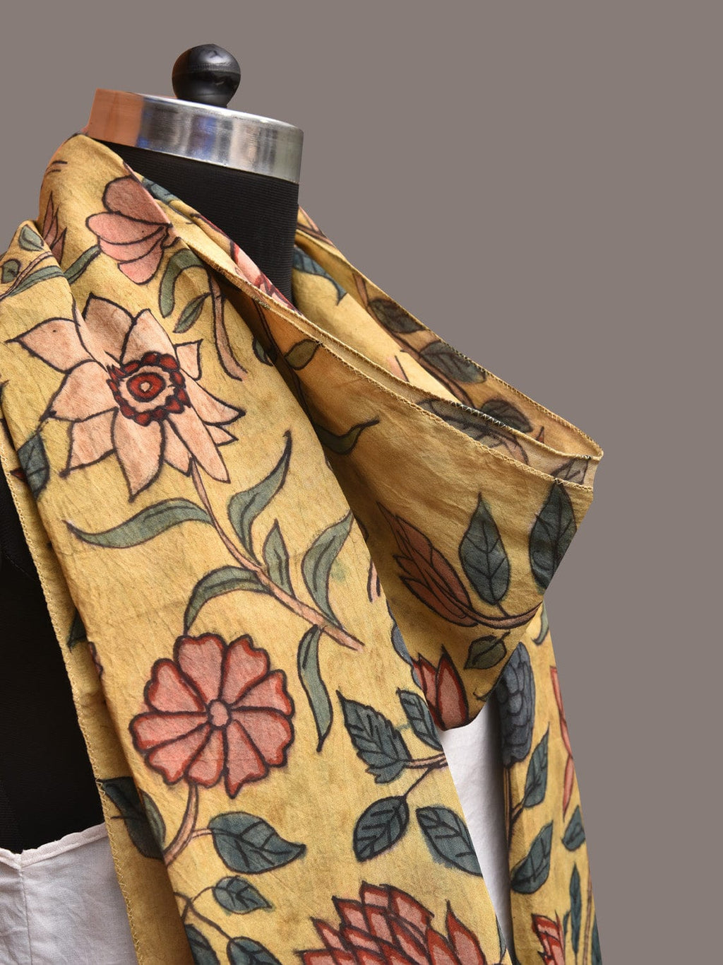 Yellow Kalamkari Hand Painted Sico Stole with Floral Design - Global Threads | Grocsy