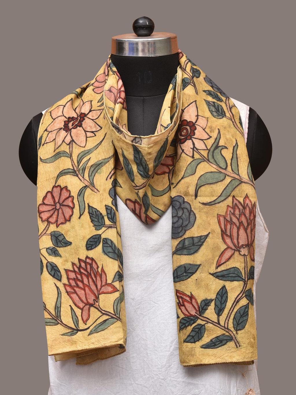 Yellow Kalamkari Hand Painted Sico Stole with Floral Design - Global Threads | Grocsy