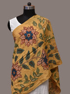 Yellow Kalamkari Hand Painted Sico Stole with Floral Design - Global Threads | Grocsy