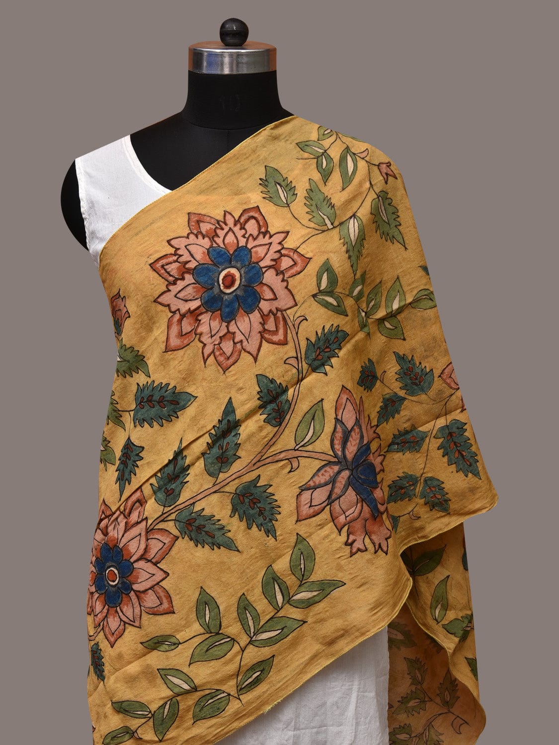 Yellow Kalamkari Hand Painted Sico Stole with Floral Design - Global Threads | Grocsy
