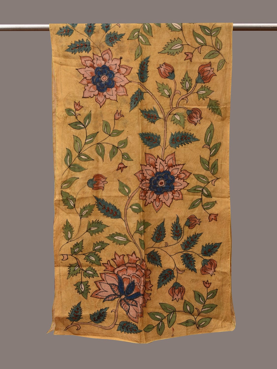 Yellow Kalamkari Hand Painted Sico Stole with Floral Design - Global Threads | Grocsy