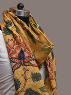 Yellow Kalamkari Hand Painted Sico Stole with Floral Design - Global Threads | Grocsy