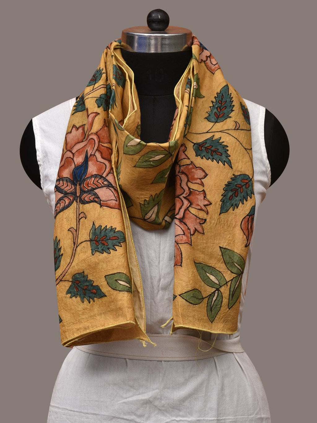 Yellow Kalamkari Hand Painted Sico Stole with Floral Design - Global Threads | Grocsy