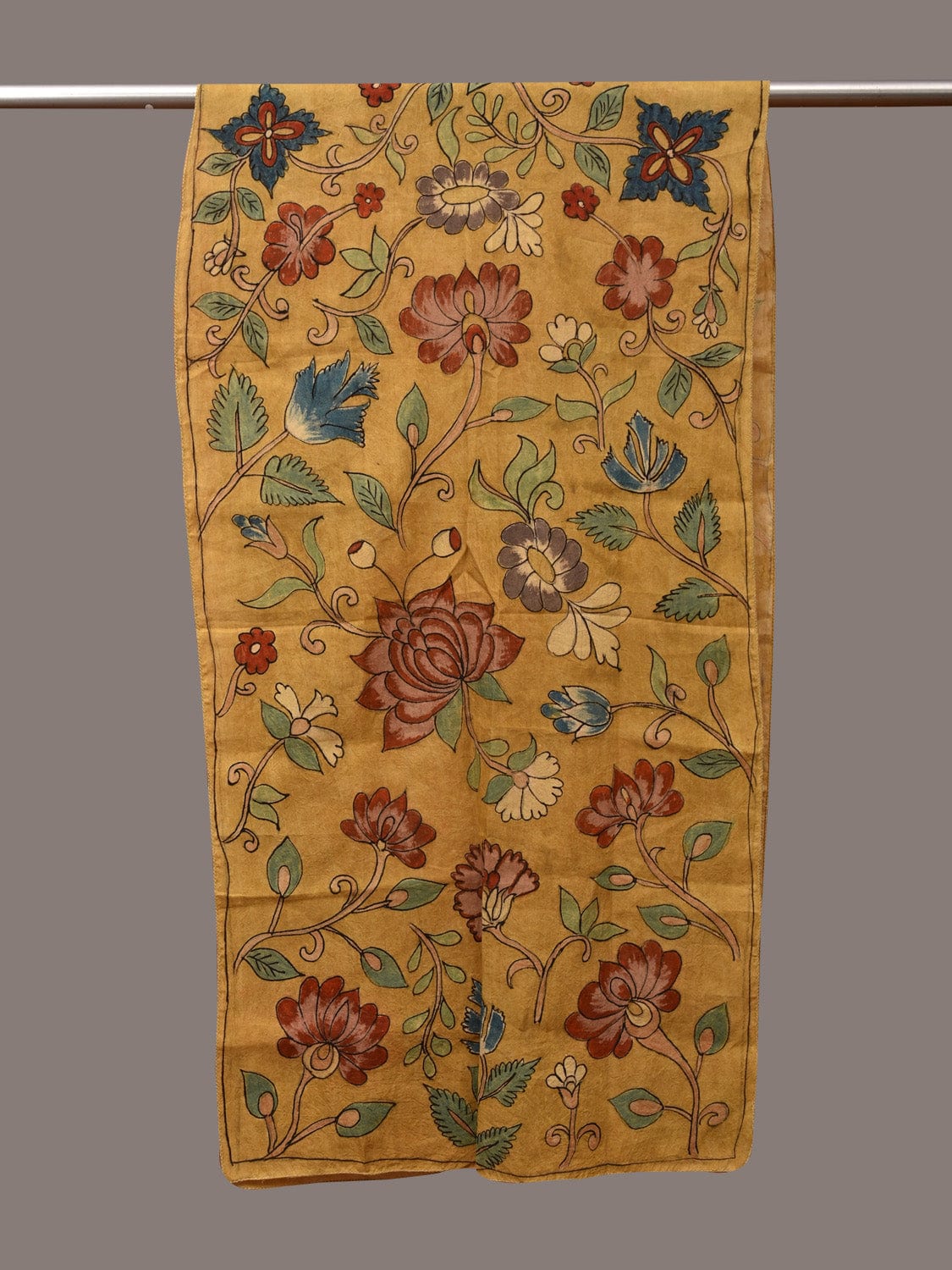 Yellow Kalamkari Hand Painted Sico Stole with Floral Design - Global Threads | Grocsy