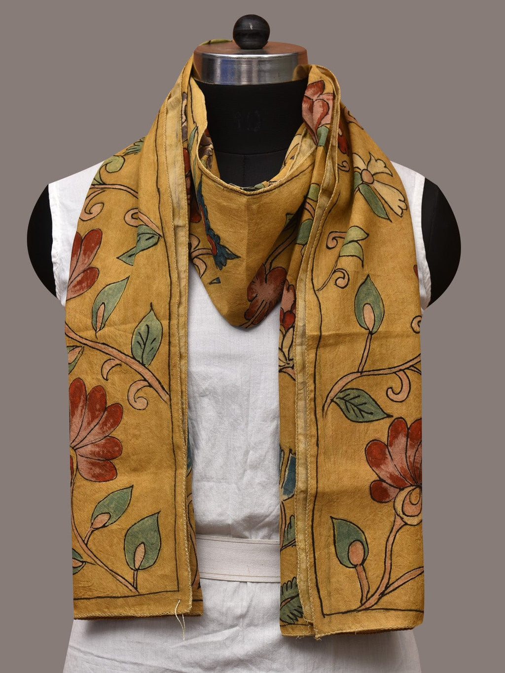 Yellow Kalamkari Hand Painted Sico Stole with Floral Design - Global Threads | Grocsy