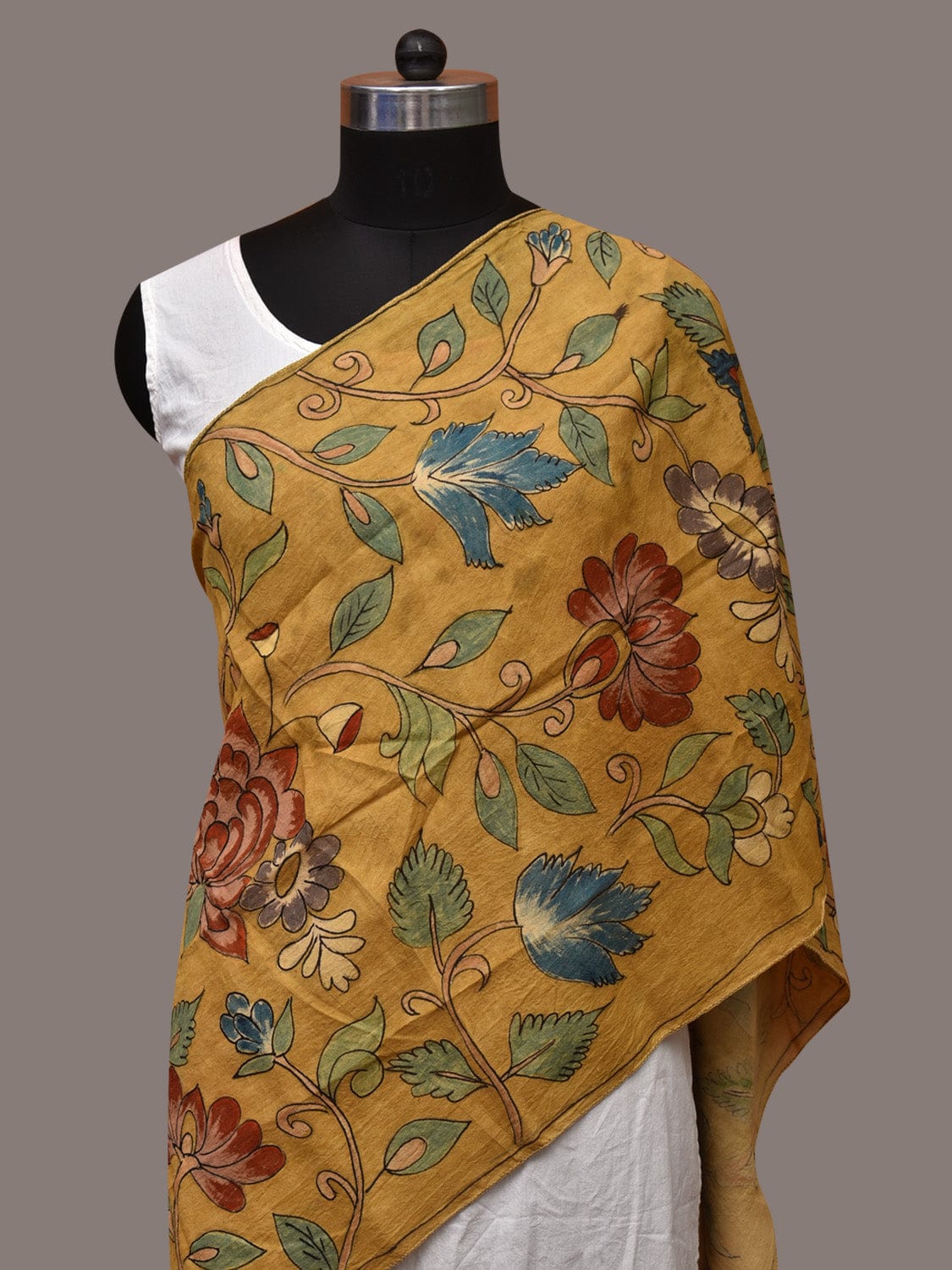 Yellow Kalamkari Hand Painted Sico Stole with Floral Design - Global Threads | Grocsy